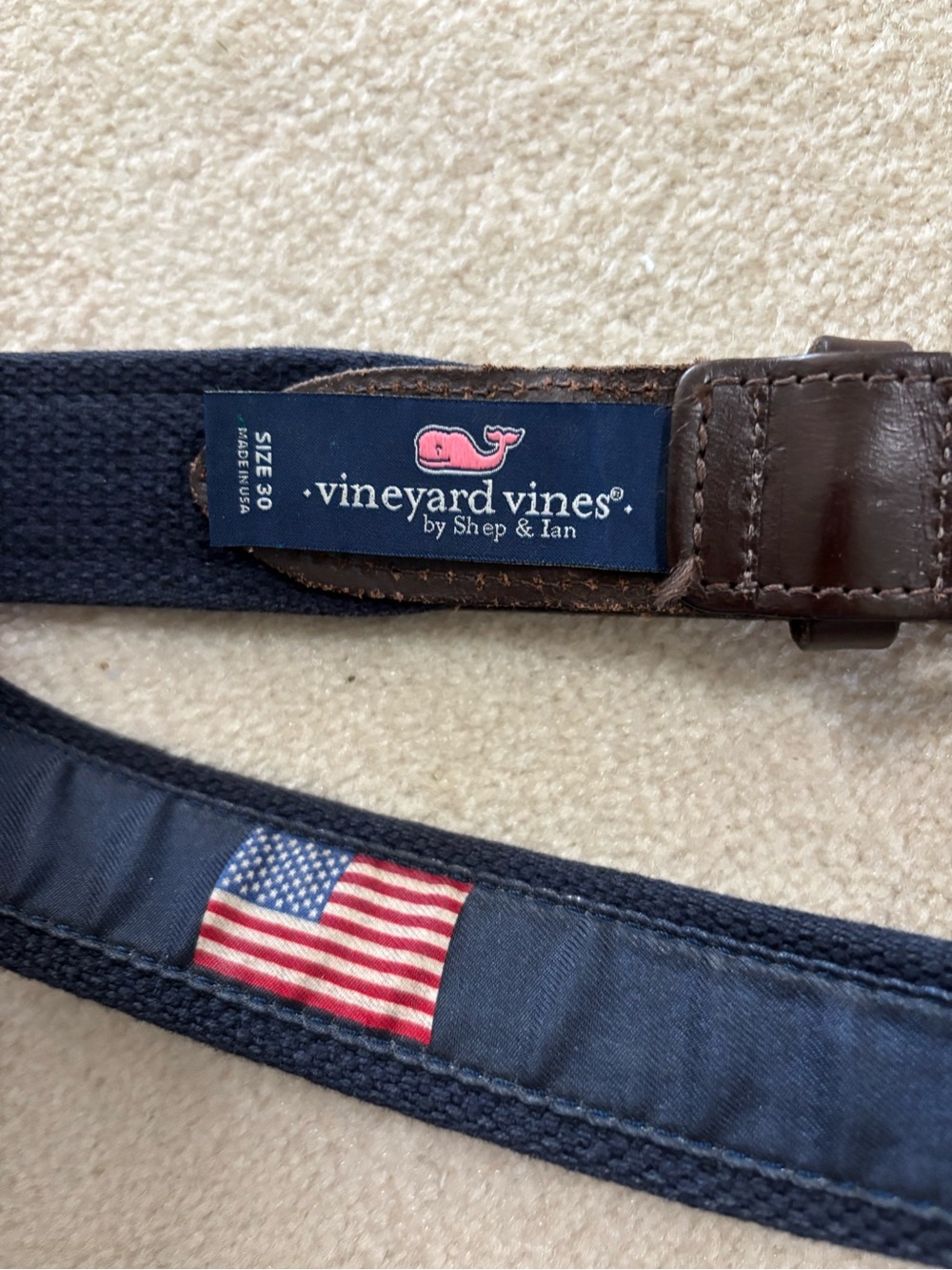 Vineyard Vines Navy Ribbon Belt with Brown Leather & Brass Buckle size 30 - Picture 3 of 4